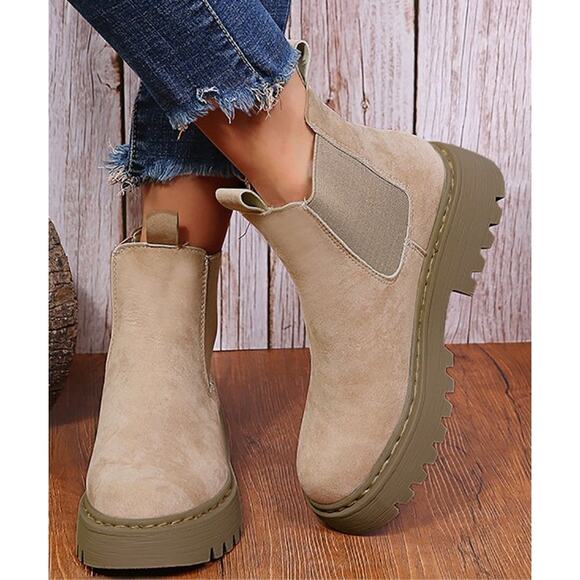 Ankle Platform Boot Womens Size 6 Khaki Faux Suede Booties - Picture 2 of 11